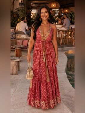 NWT Pink Boho Halter Maxi Dress Tassel Tie Cover Up